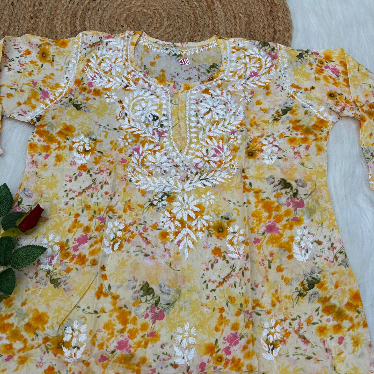 Nura Pure Mulmul Cotton Short Kurti - Yellow Colour - Chikankaar