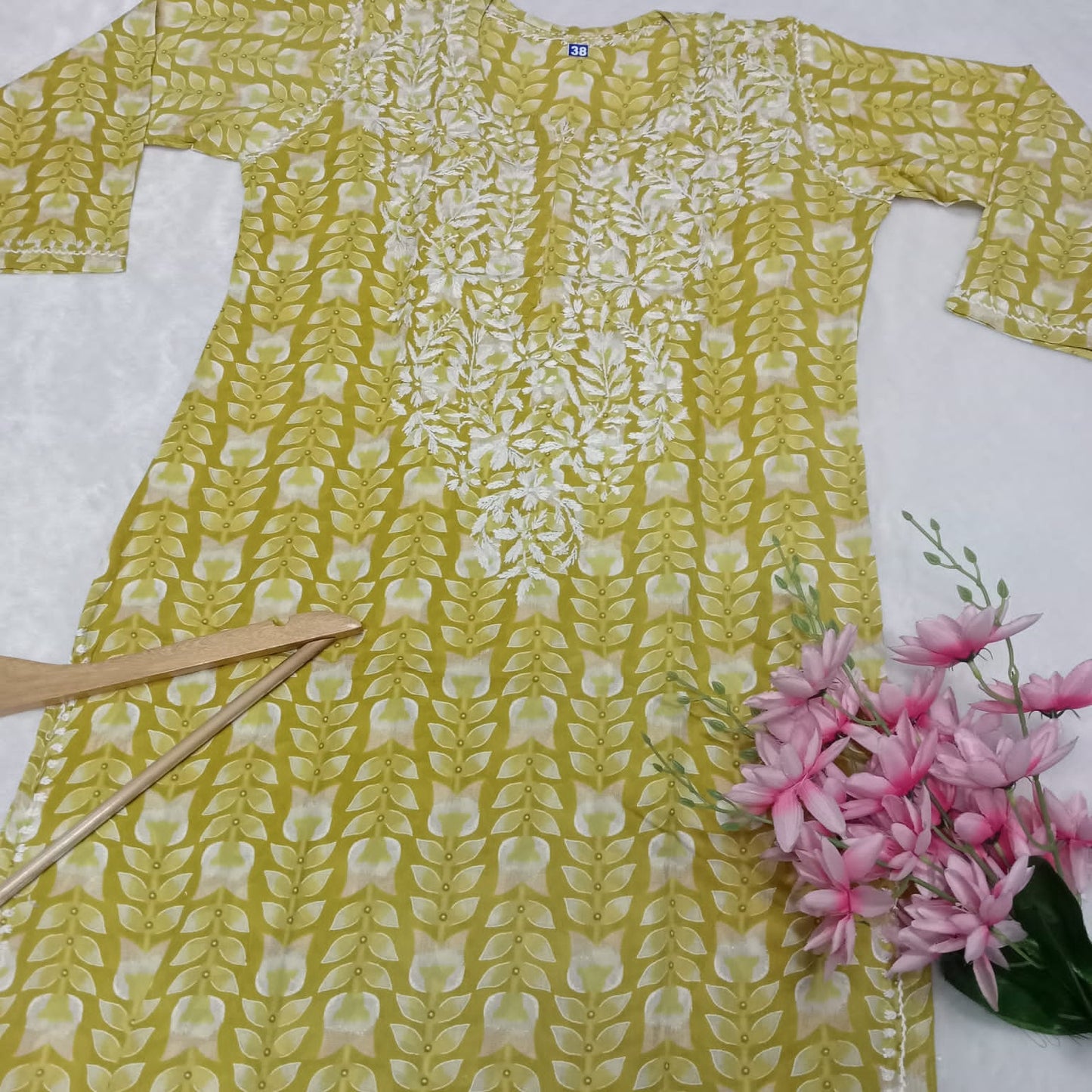 Pure Mulmul Chikankari Handwork Kurti - Leaf Green Colour - Chikankaar