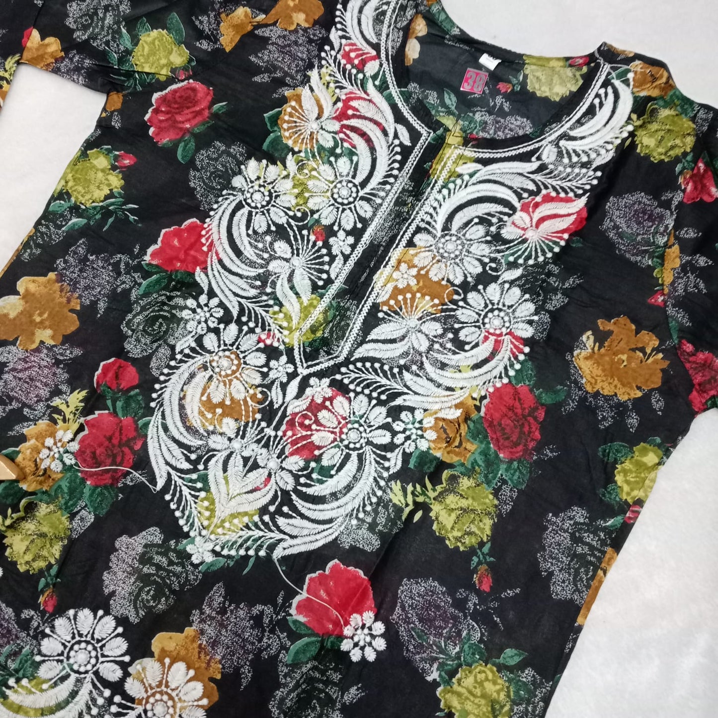 MULMUL COTTON FLORAL PRINT CHIKANKARI MACHINE WORK KURTI -BLACK COLOUR - Chikankaar