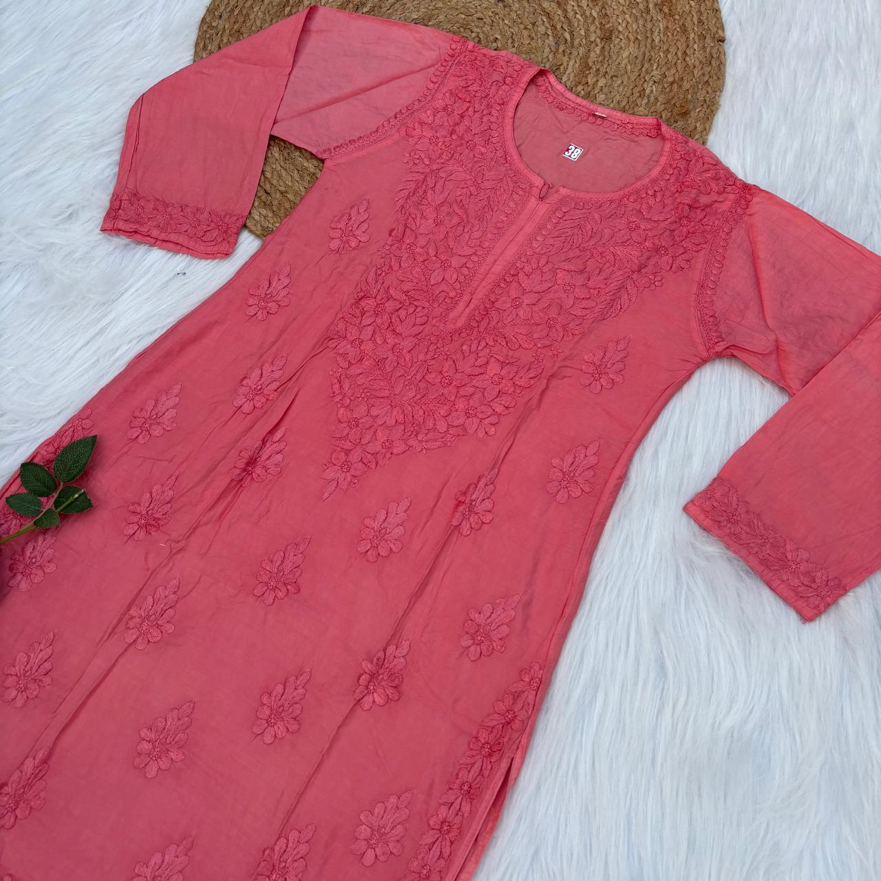 Zooni Chanderi Lucknowi Chikankari Dyed Kurti- Gazri colour