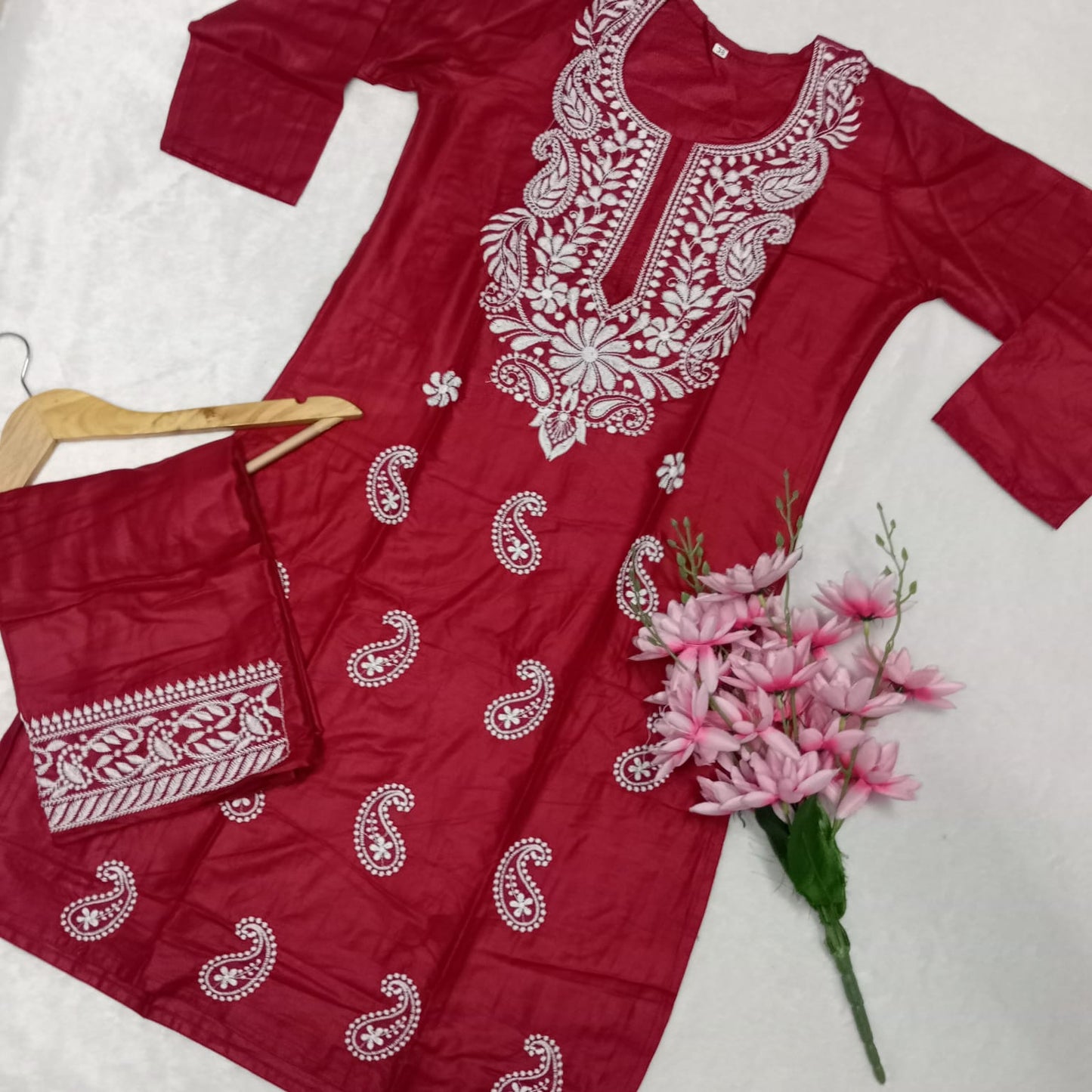 Rayon Chikankari Machine Work Kurti Plazo Set- Red Colour - Chikankaar