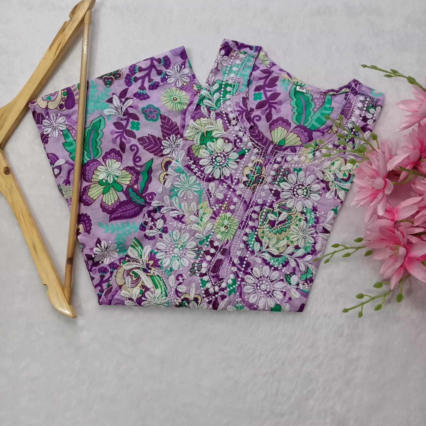 MULMUL COTTON CHIKANKARI MACHINE WORK KURTI -PURPLE COLOUR - Chikankaar