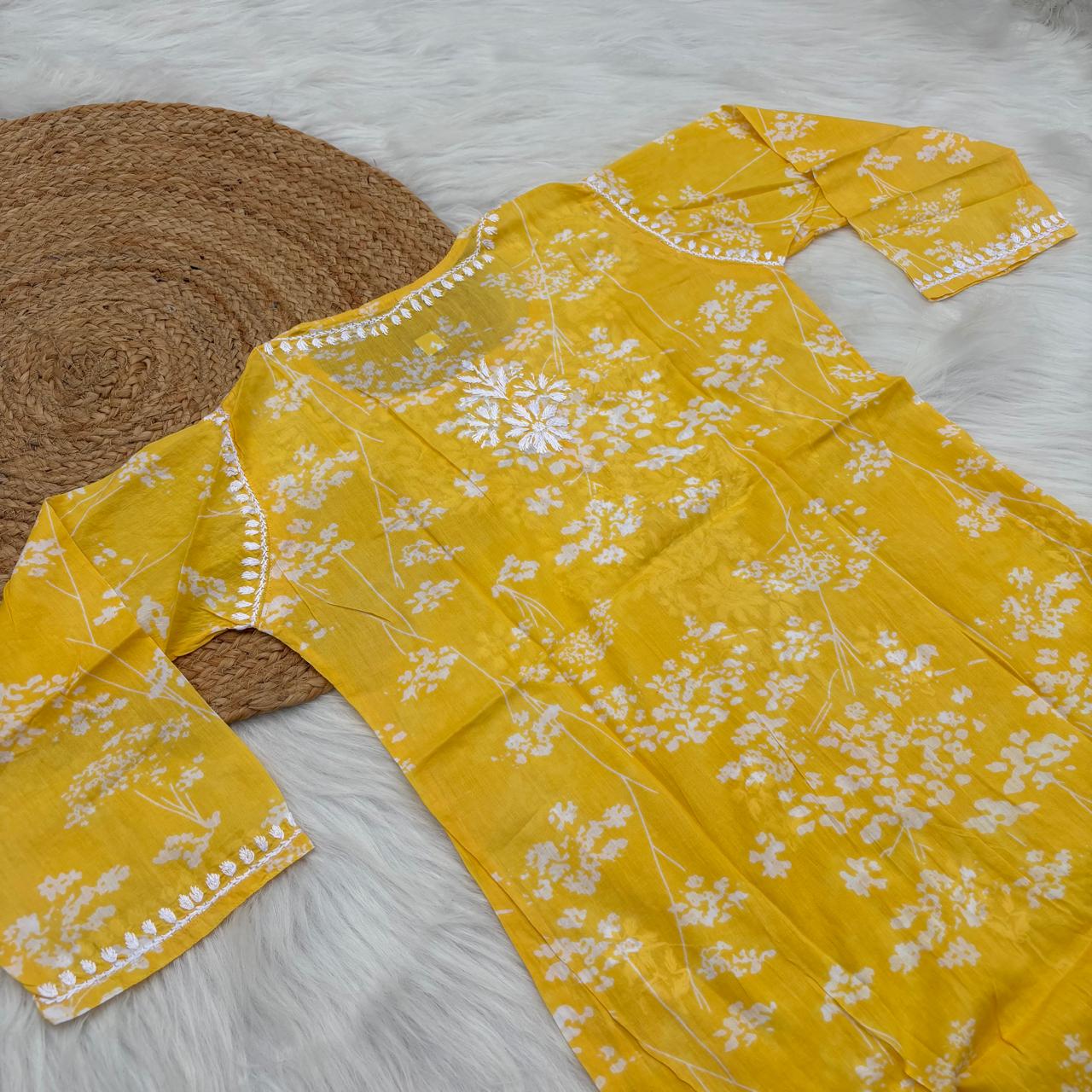 Malika Pure Mulmul Cotton Short Kurti - Yellow Colour