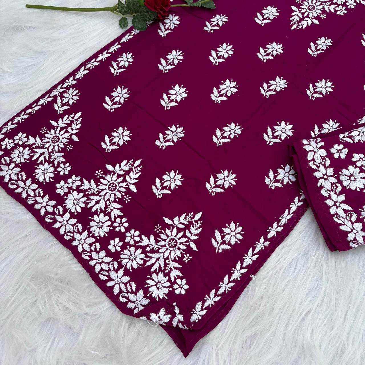Maya Rayon Chikankari Kurti Plazo Set - Wine Colour