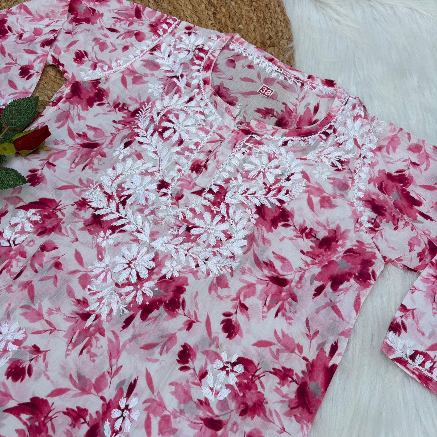 Asma Pure Mulmul Cotton Short Kurti - Pink Colour - Chikankaar