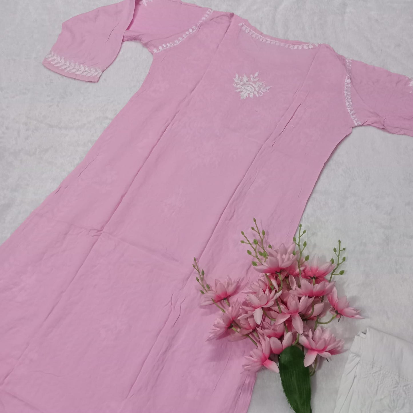 Premium Rose Modal Silk Chikankari Kurti - Baby Pink Color - Chikankaar