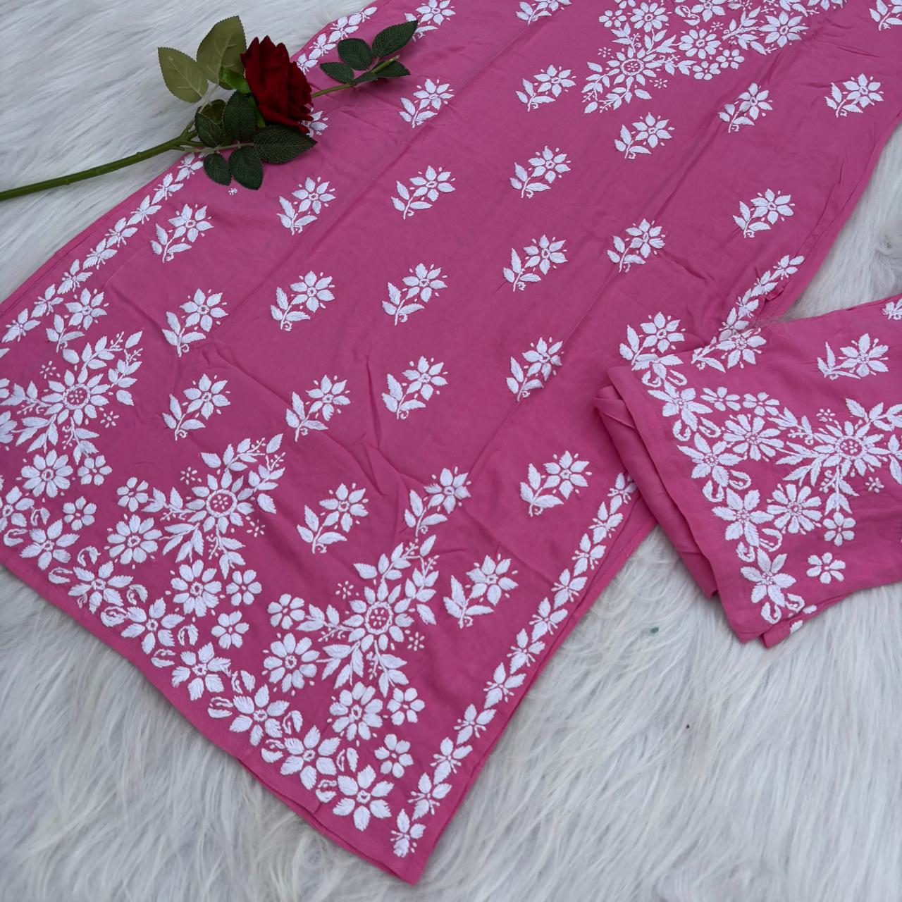 Maya Rayon Chikankari Kurti Plazo Set - Pink Colour