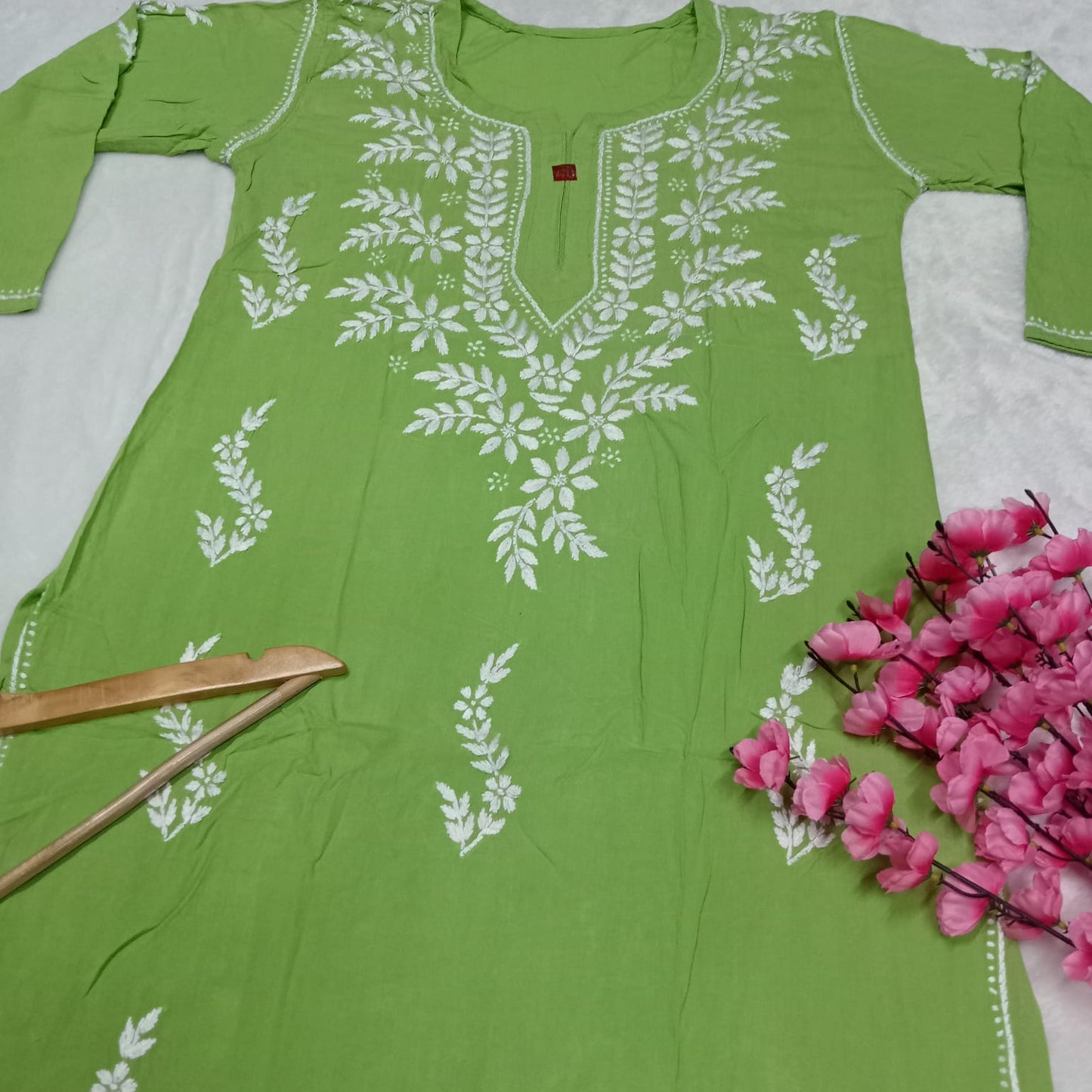 Pure Rayon Chikankari Ghas Patti Work Kurti - Parrot Colour Colour - Chikankaar
