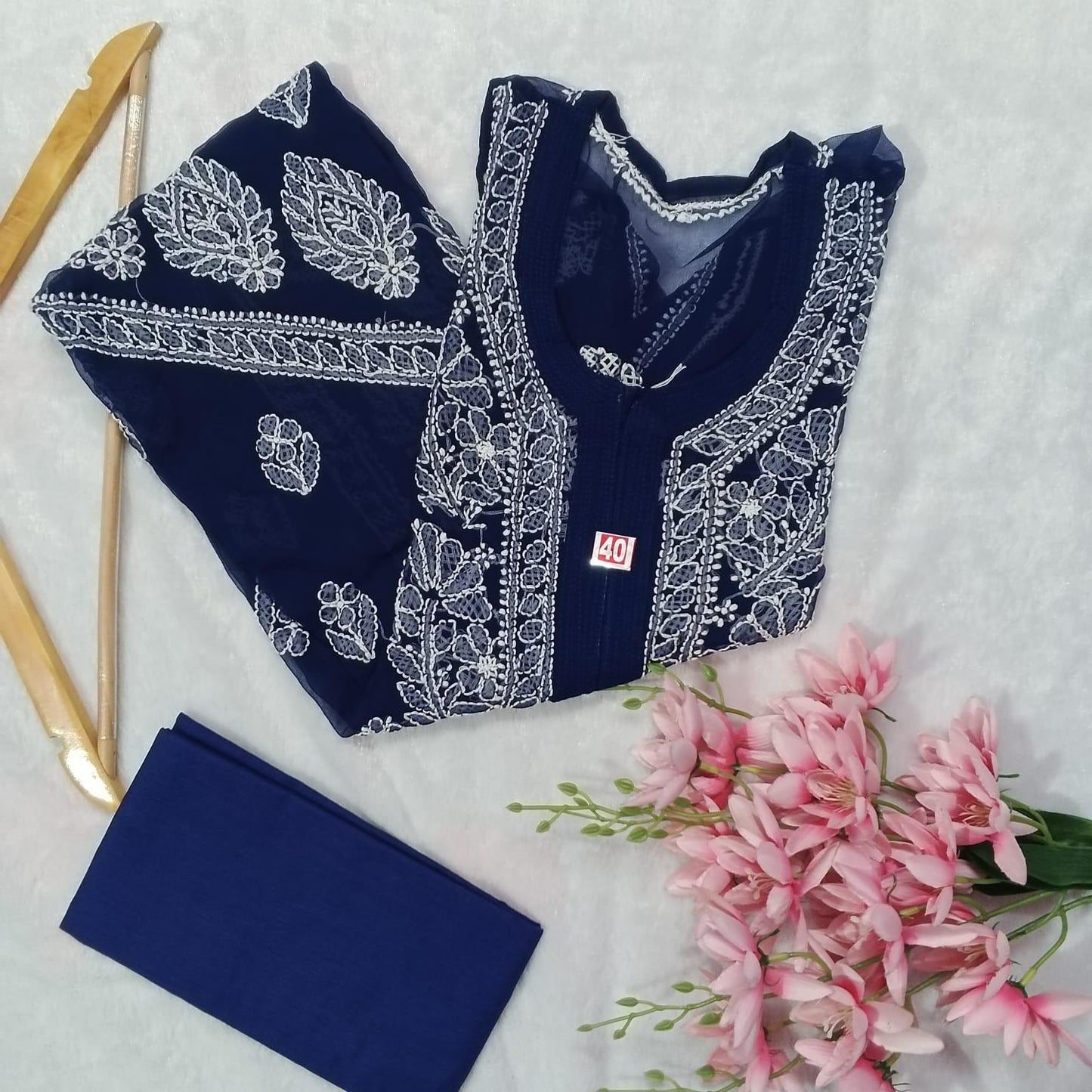 Graceful Georgette Cross Panel Chikankari Kurti With Inner - Navy Blue - Chikankaar