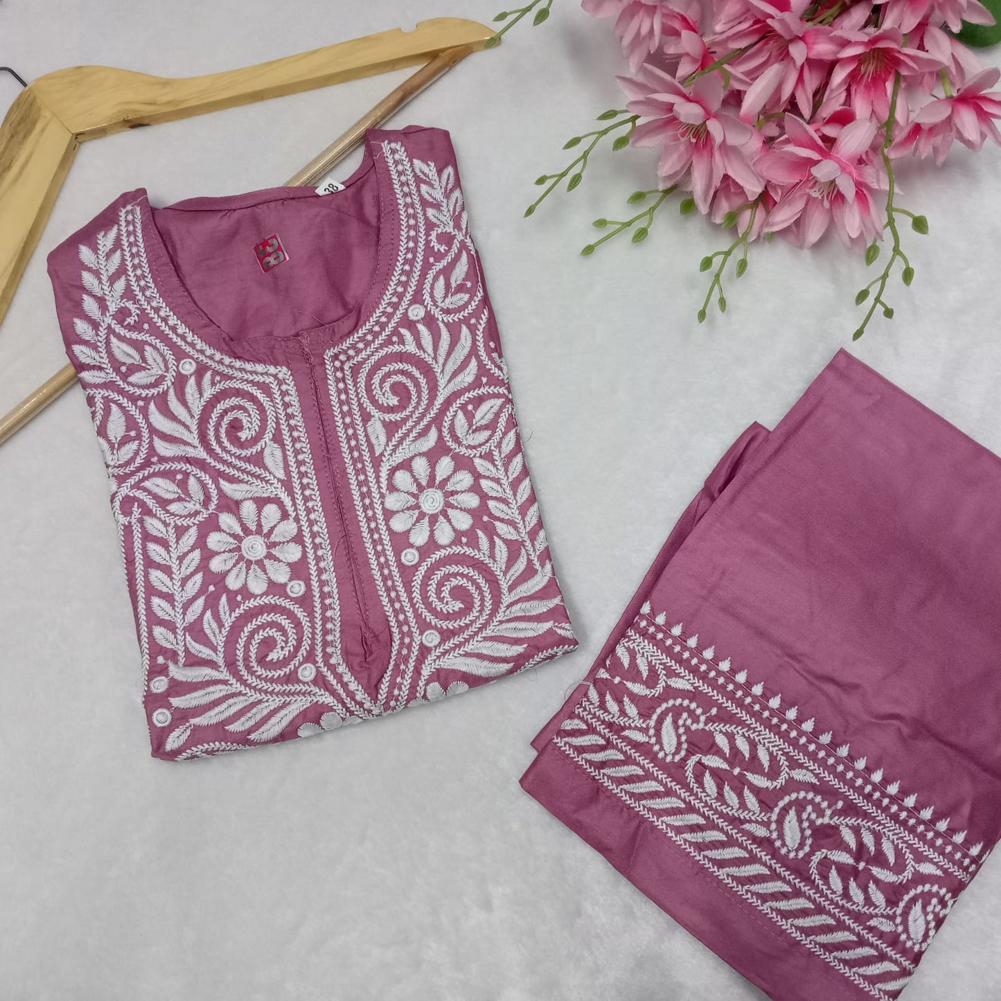 Rayon Chikankari Machine Work Kurti Plazo Set- Fuchsia Colour - Chikankaar