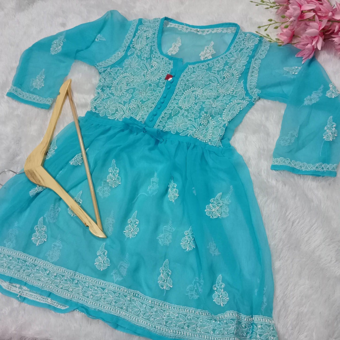 Chikankari Georgette Short Gown With Dori - Blue Color - Chikankaar