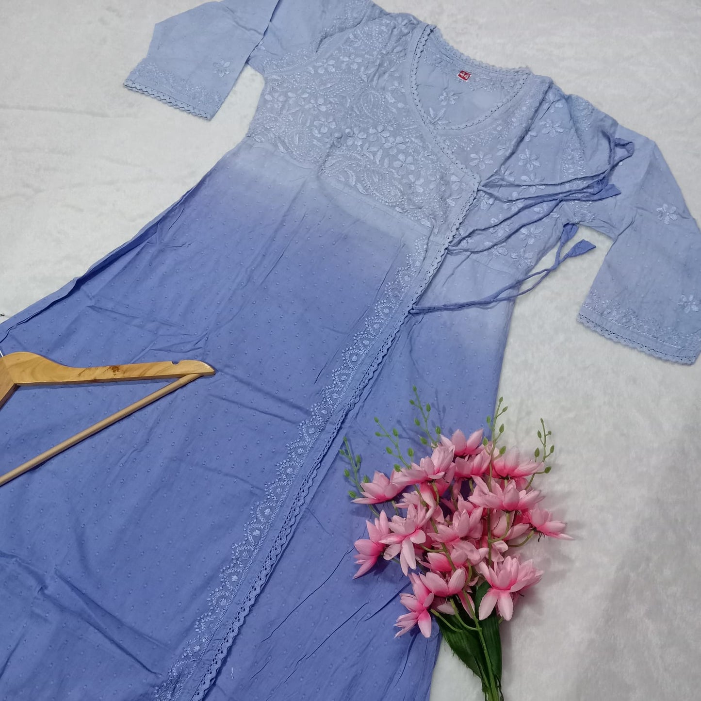 Ombre Shaded Dobby Cotton Chikankari Angarakha -Ocean Blue Colour - Chikankaar