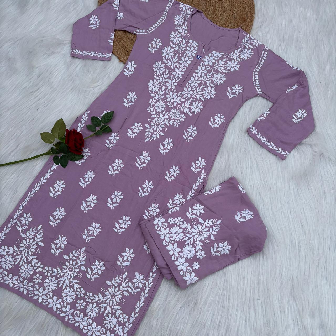 Maya Rayon Chikankari Kurti Plazo Set - Lavender Colour