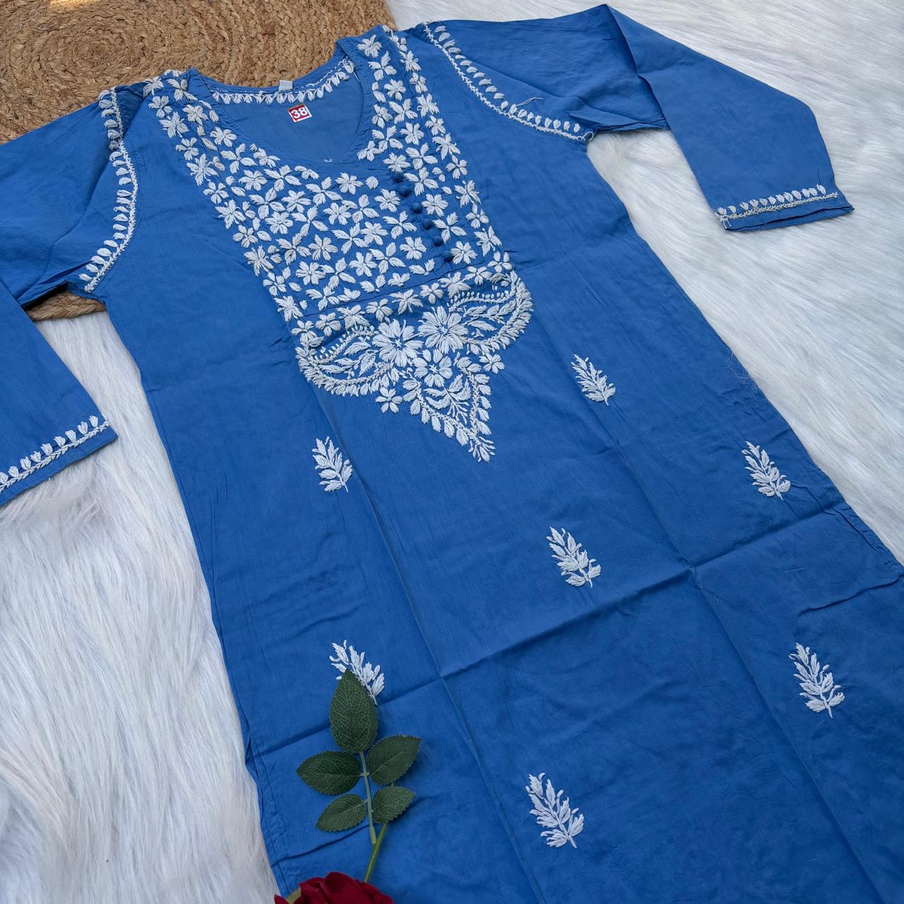 Sabeena Pure Cotton Chikankari Kurti Blue Colour