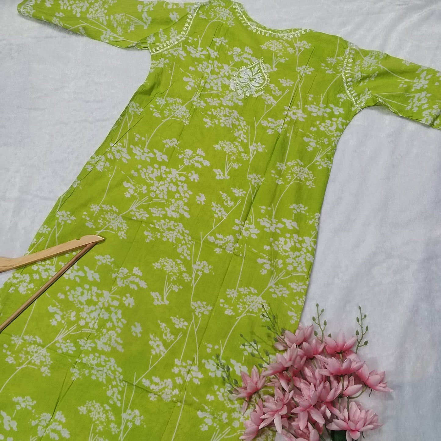 Pure Mulmul Printed Chikankari Kurti-Parrot Green Colour - Chikankaar