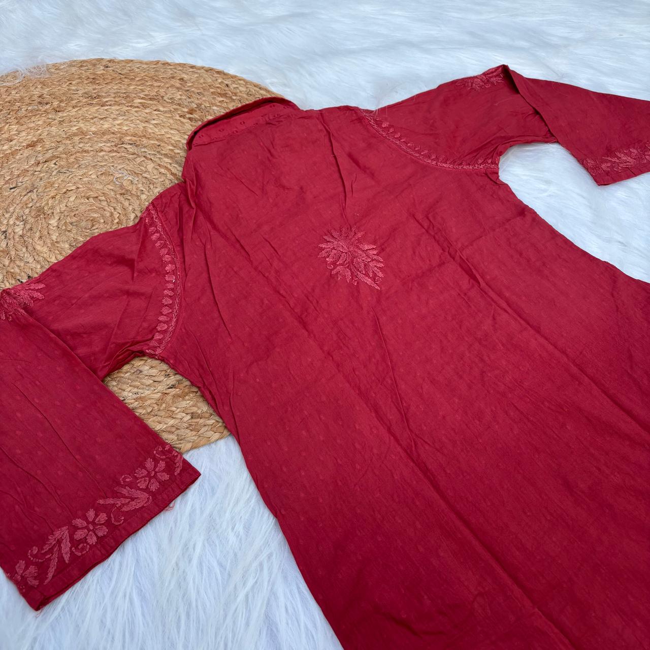 Sadia Dobby Cotton Ombre Shaded Chikankari Kurti with Collar - Red Colour