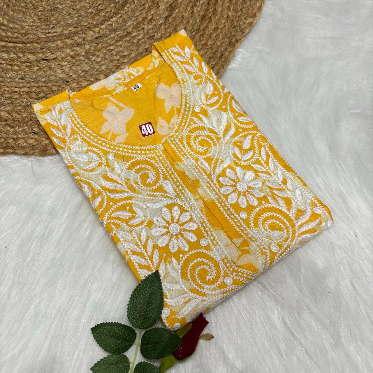 Mulmul Cotton Chikankari Machine Work Kurti - Yellow Colour - Chikankaar