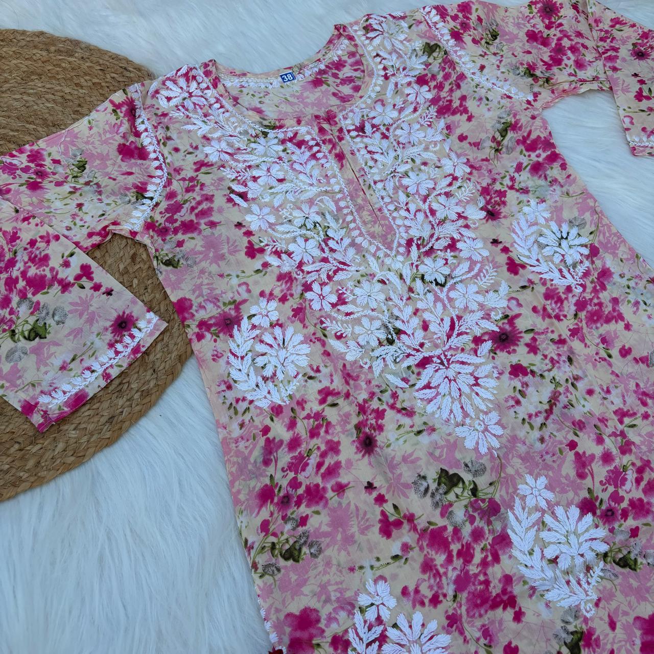 Fatima Pure Mulmul Chikankari Handwork Kurti - Pink Colour - Chikankaar