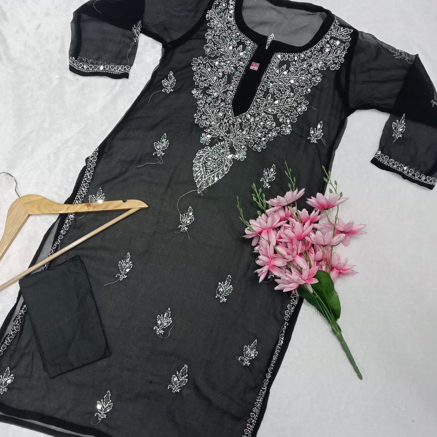Georgette Mirror Work Chikankari Kurti With Inner - Black Colour - Chikankaar