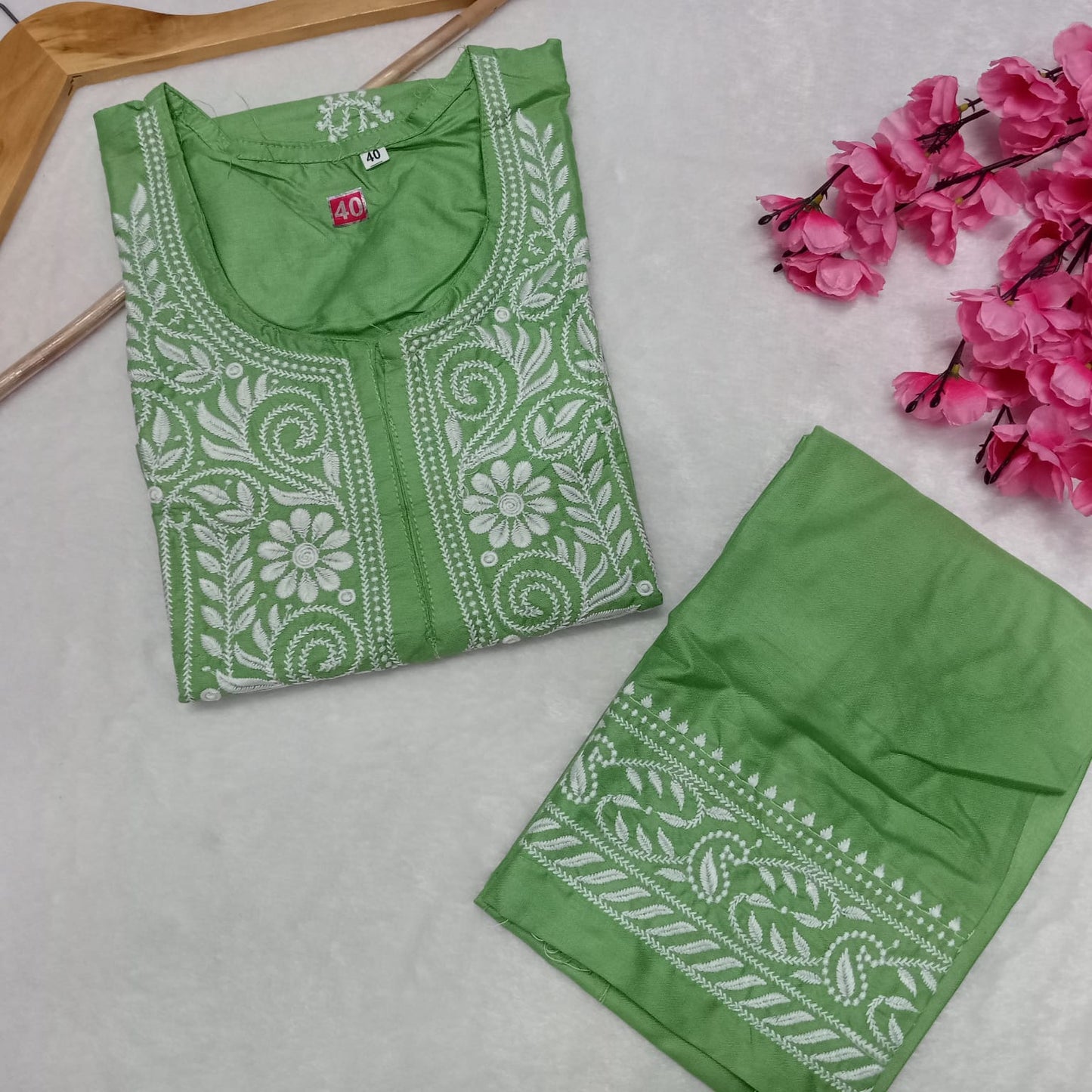 Rayon Chikankari Machine Work Kurti Plazo Set- Green Colour - Chikankaar