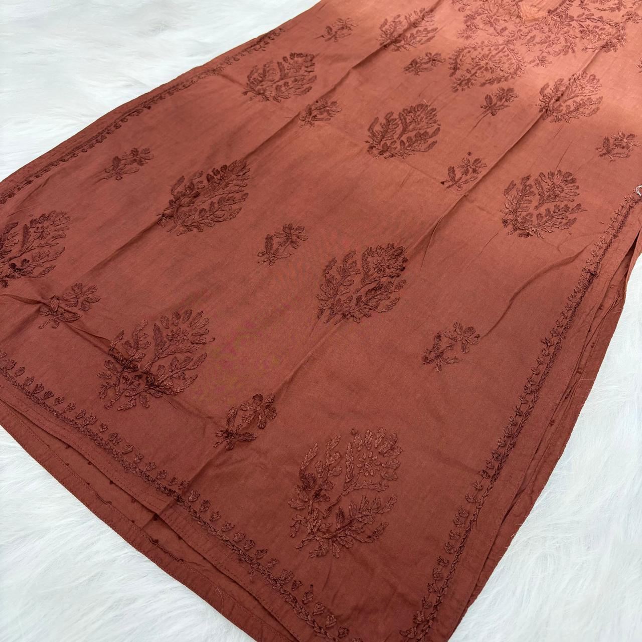 Tuba Ombre Shaded Dobby Cotton Chikankari Kurti - Brown Colour - Chikankaar