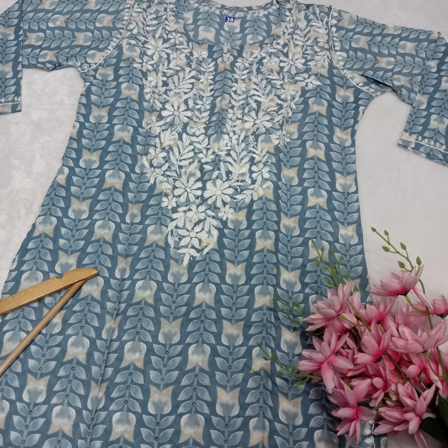 Pure Mulmul Chikankari Handwork Kurti - Smoke Grey Colour - Chikankaar
