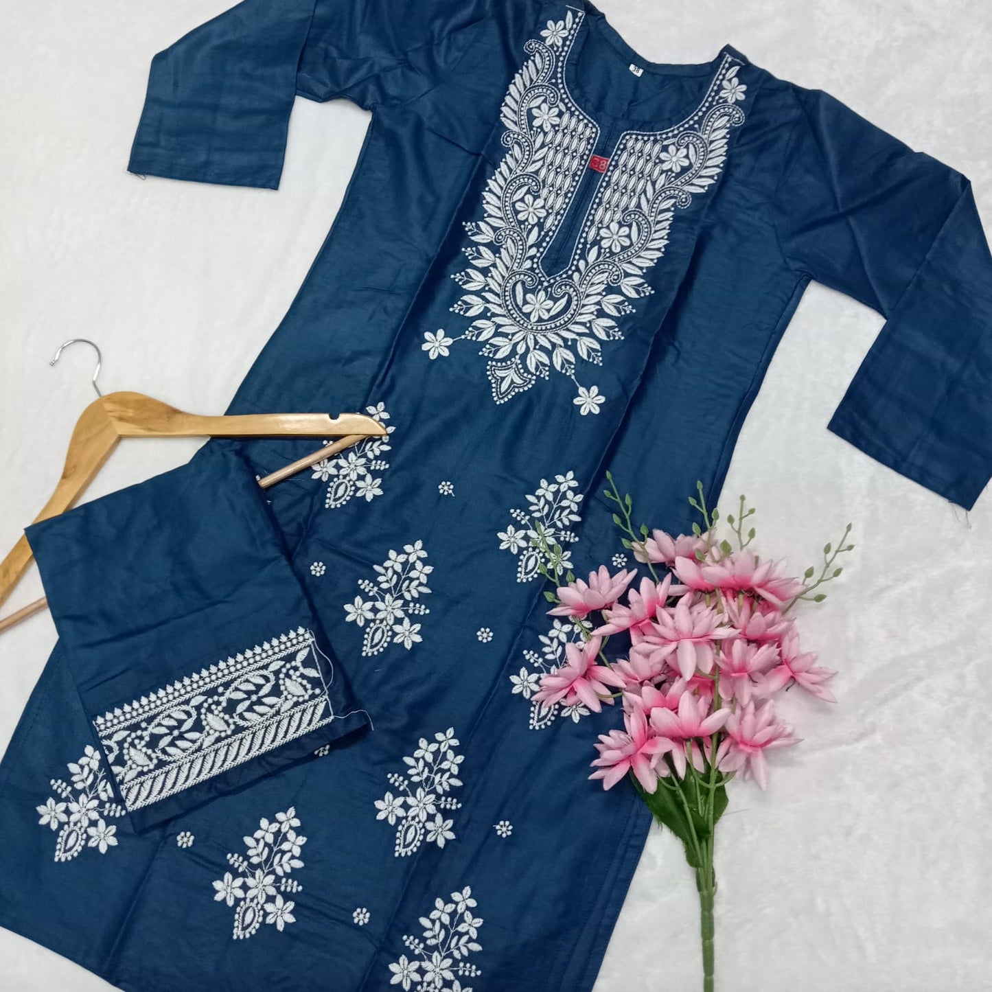 Rayon Chikankari Machine Work Kurti Plazo Set- T Blue Colour - Chikankaar