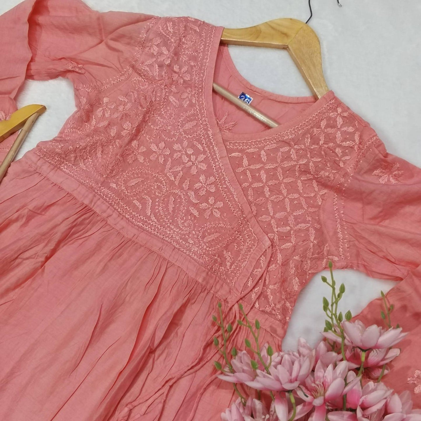 Dobby Cotton Chikankari
Short Angarakha Gown - Peach Colour - Chikankaar