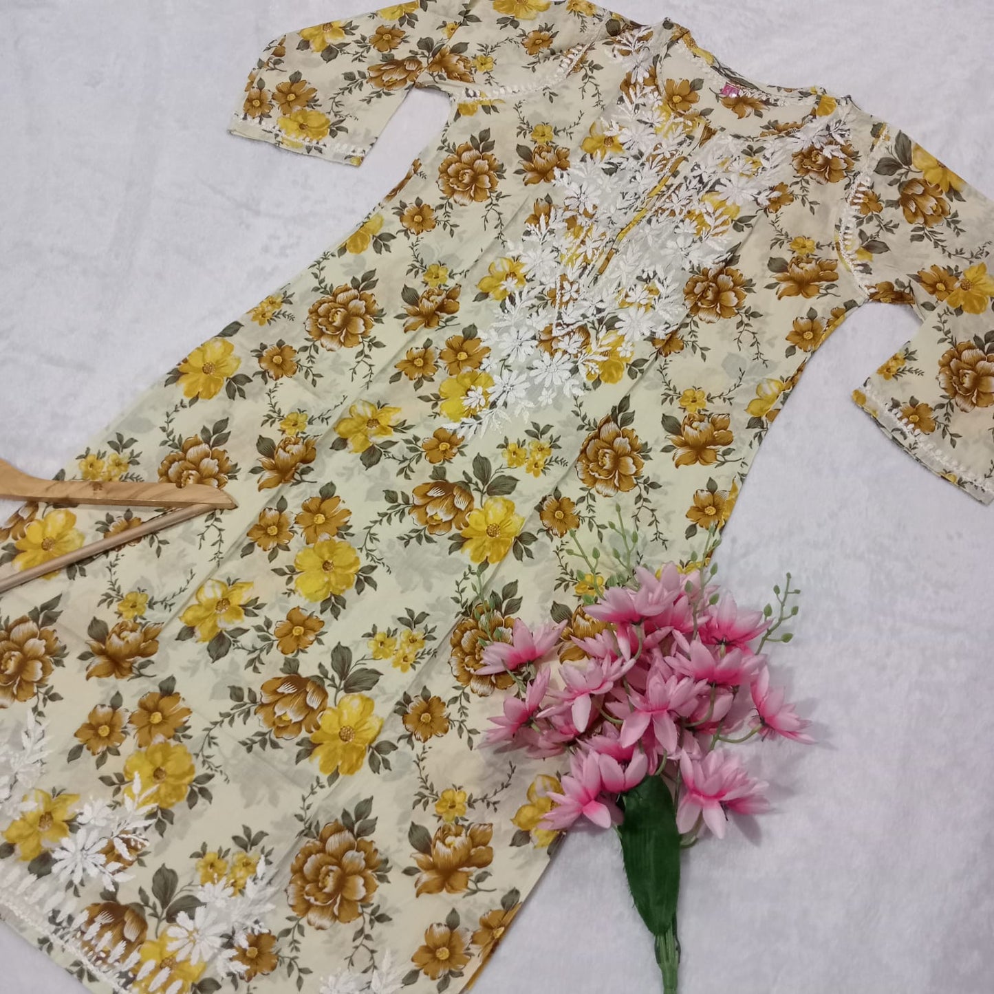 PURE MULMUL COTTON CHIKANKARI KURTI WITH FLORAL PRINT -YELLOW COLOUR - Chikankaar