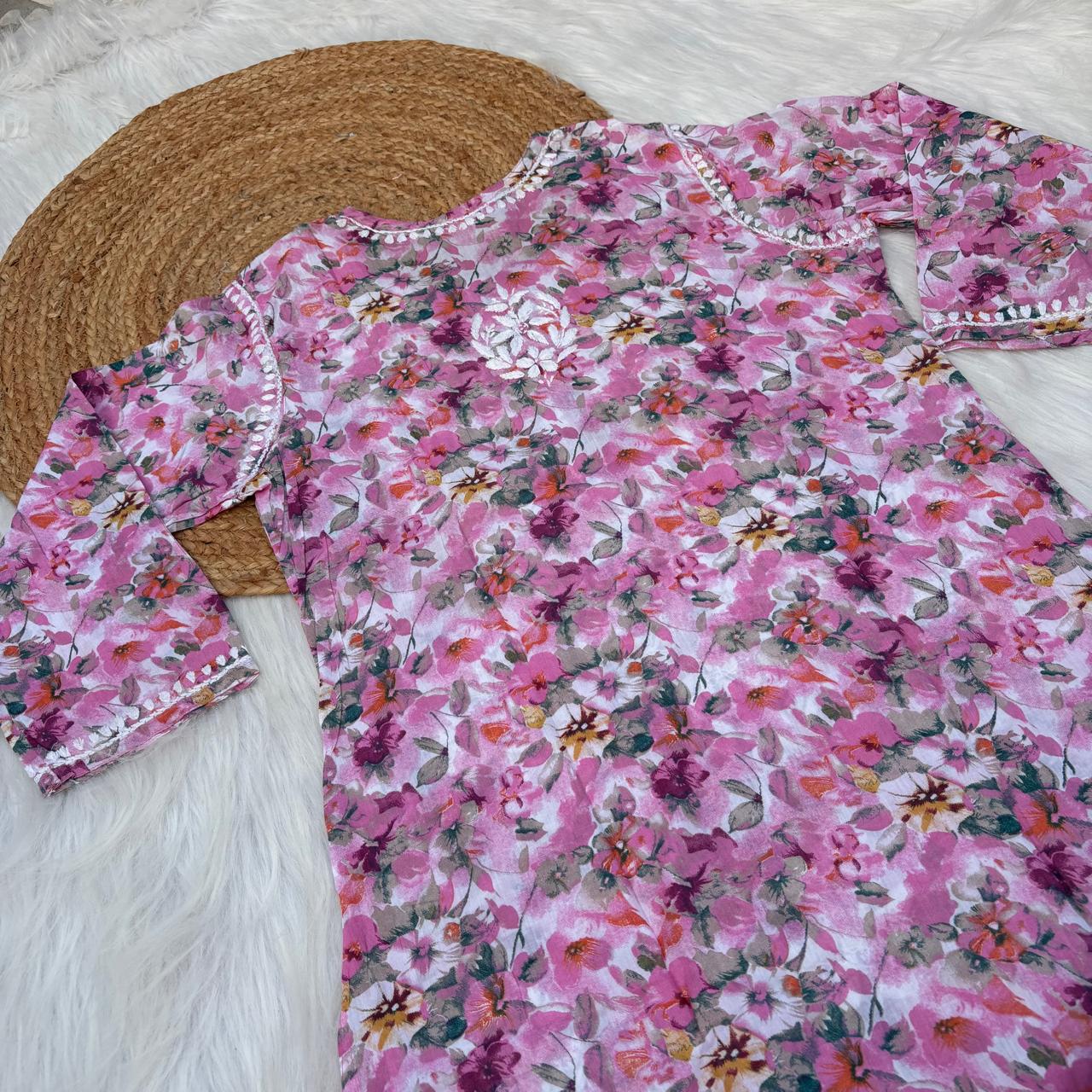 Yasmin Pure Mulmul Chikankari Handwork Kurti - Pink Colour