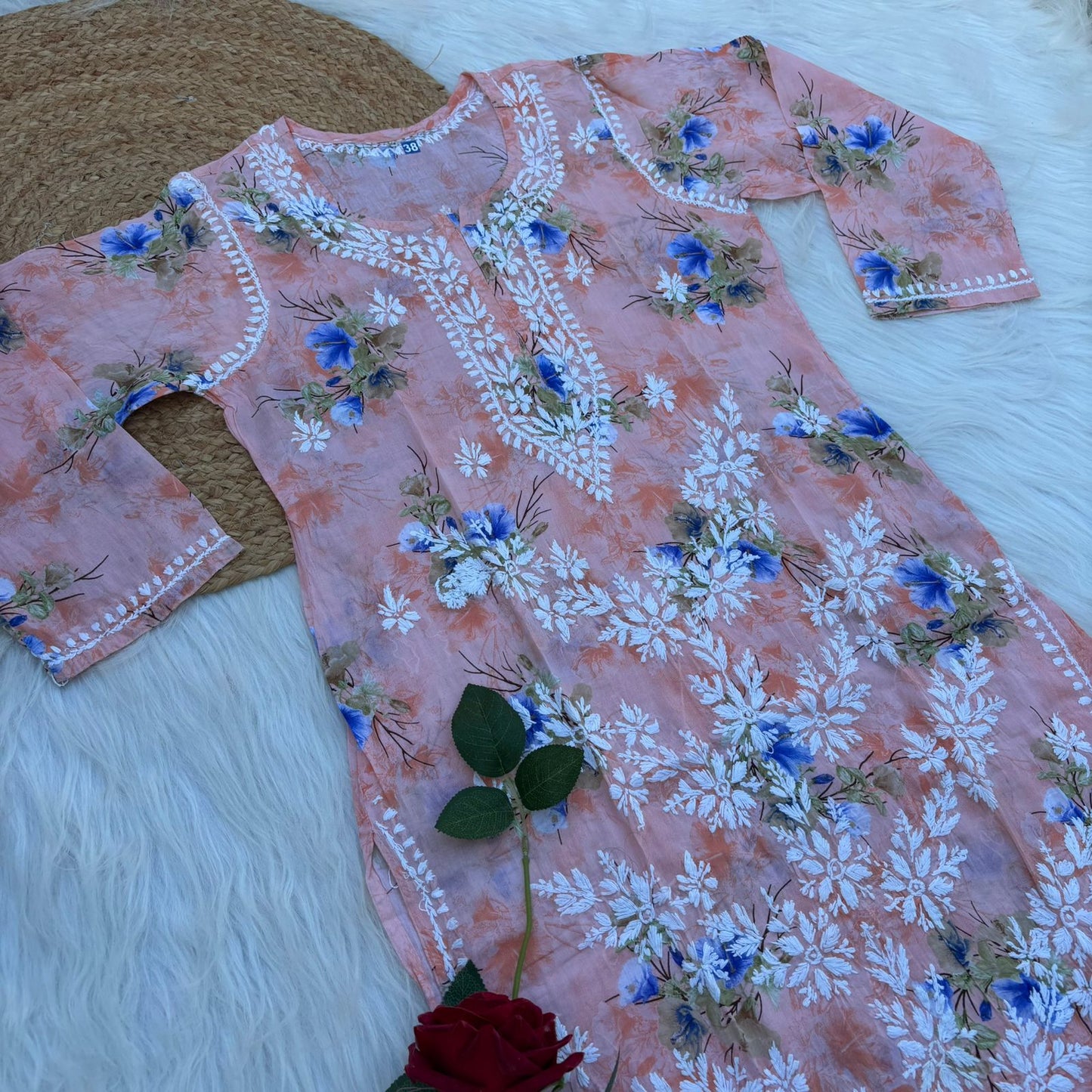 Rasha Pure Mulmul Chikankari Kurti - Peach Color