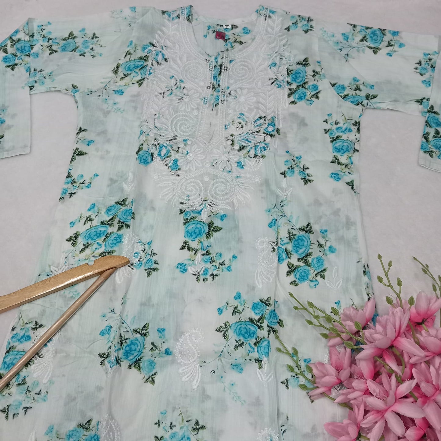 Mulmul Cotton Chikankari Machine Work Kurti -Sky Blue Colour - Chikankaar