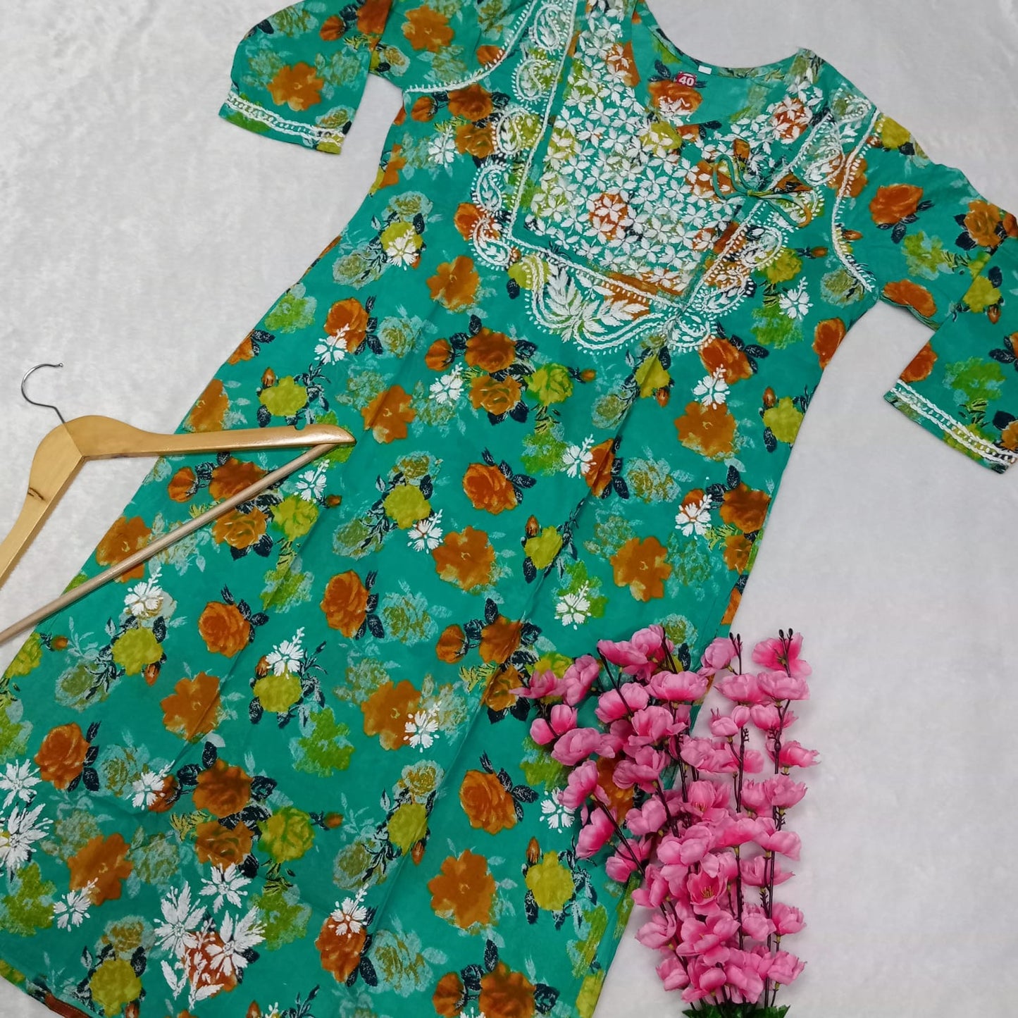 Masooma Mulmul Floral Printed Chikankari Handwork Kurti - Sea Green Colour - Chikankaar