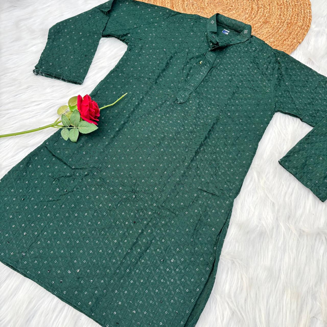 Ayaan Mens Cotton Chikankari Kurta - Dark Green colour