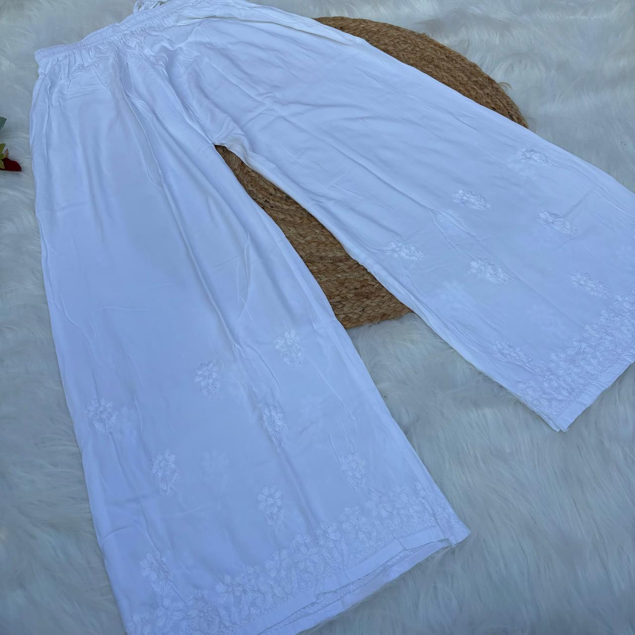 Aliza Soft Rayon Chikankari Plazo - White Color - Chikankaar