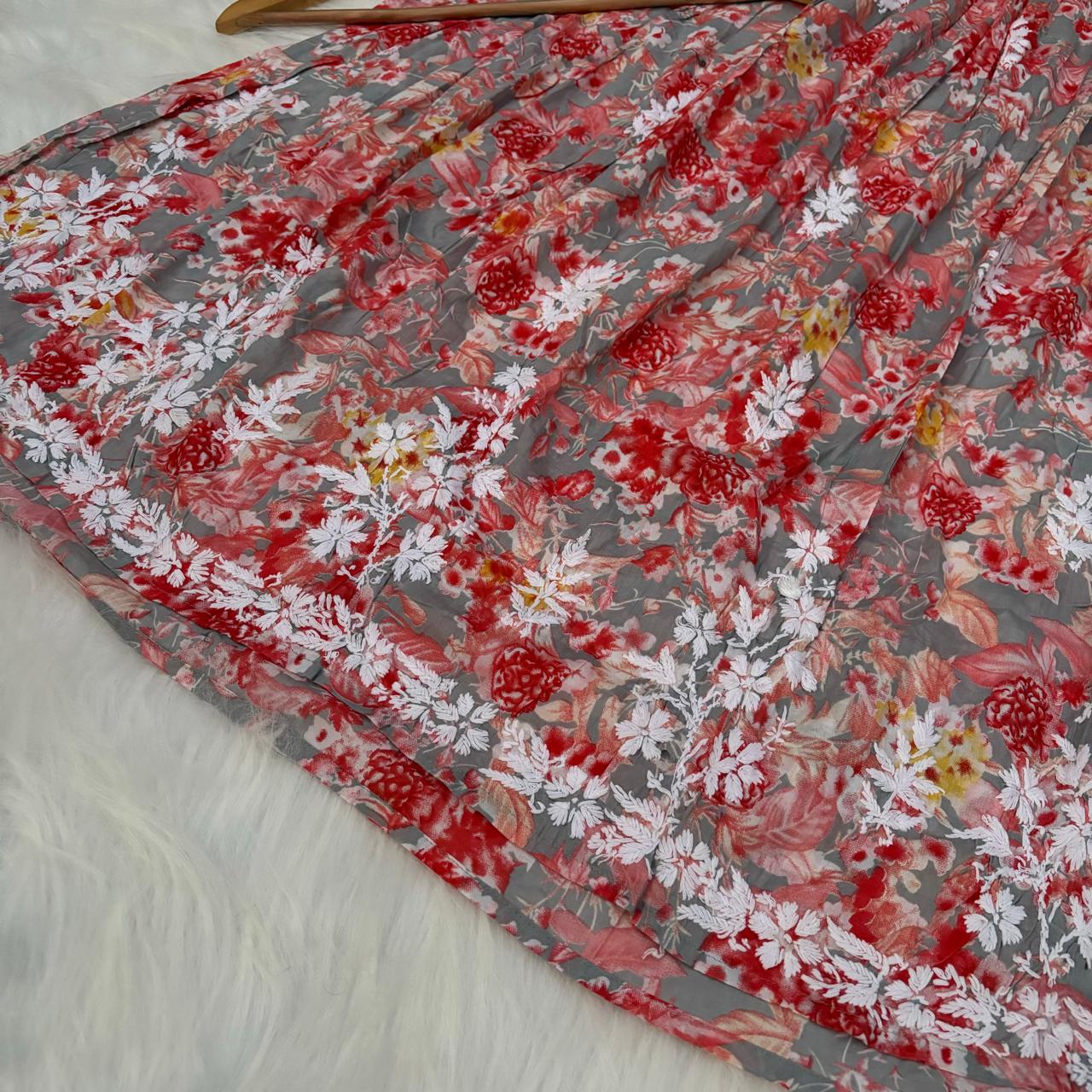 Zainab Pure Mulmul Cotton Gown - Red Colour - Chikankaar