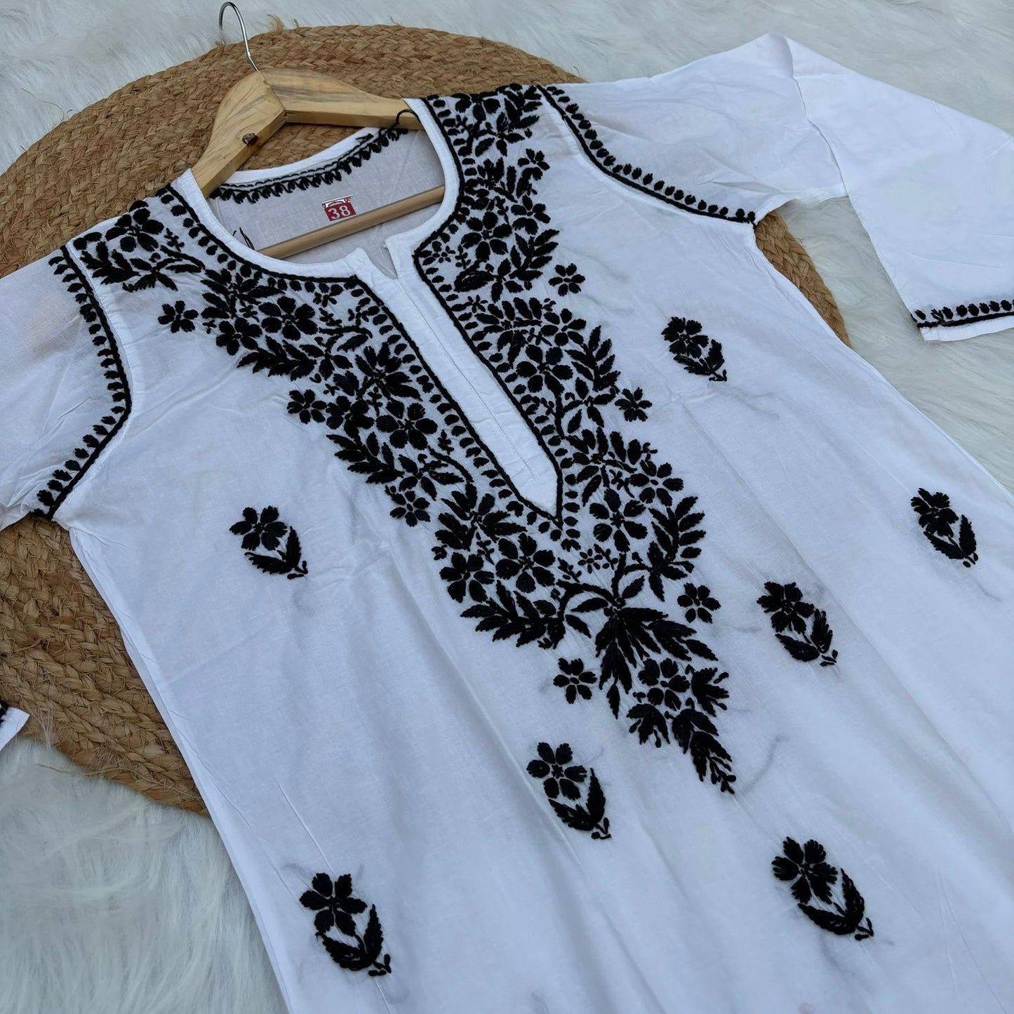 Shraddha Kapoor inspired Pure Cotton Chikankari Kurti - White Black Color - Chikankaar