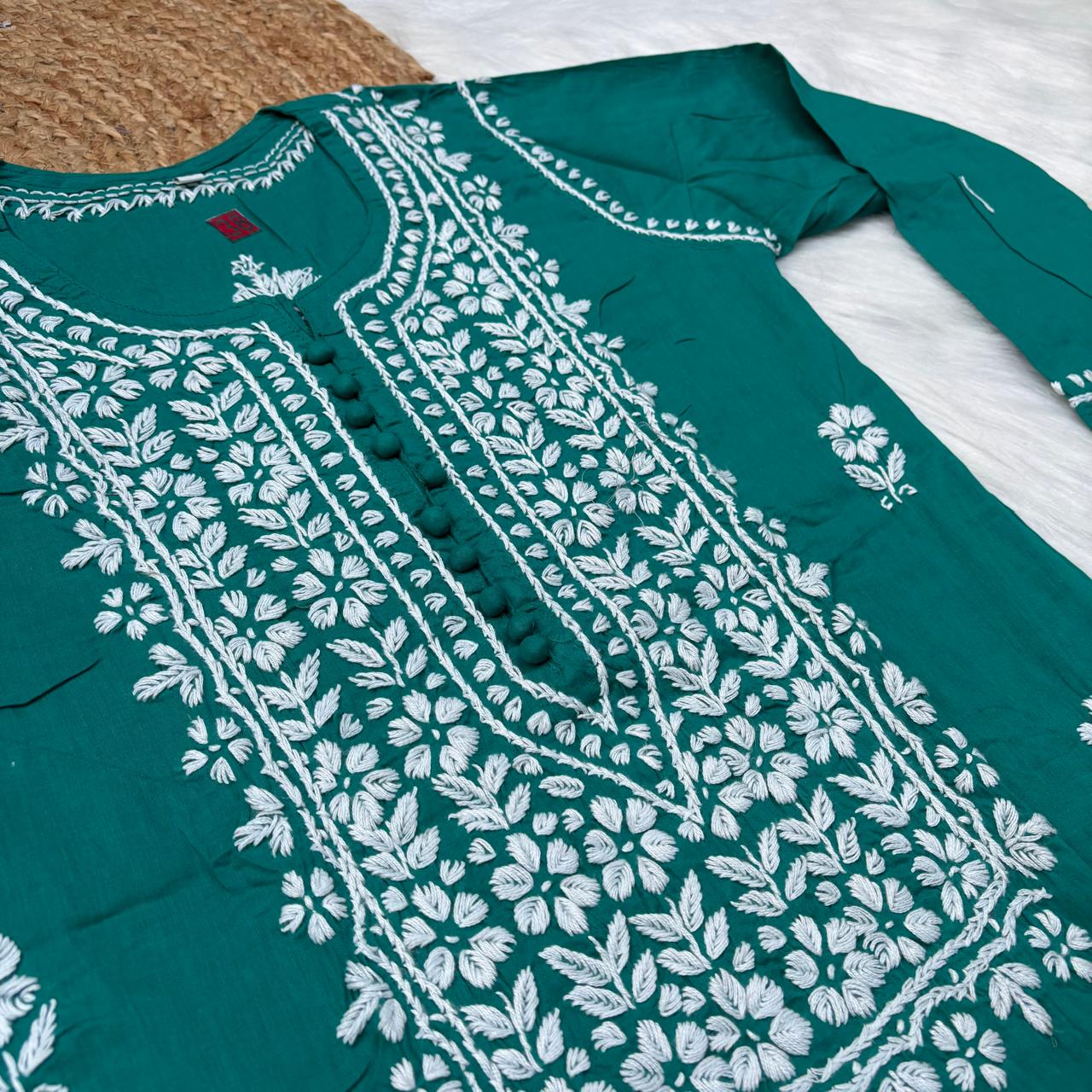 Shanaya Pure Cotton Chikankari Kurti Sea Green Colour
