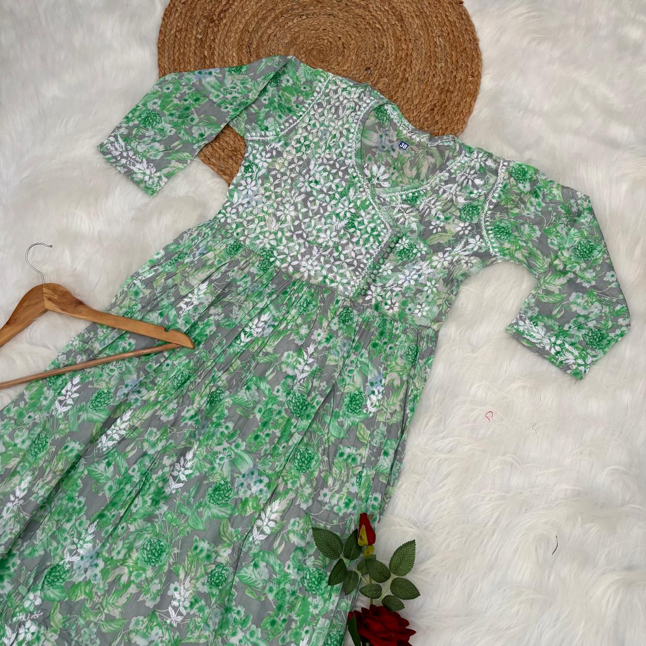 Zainab Pure Mulmul Cotton Gown - Green Colour - Chikankaar