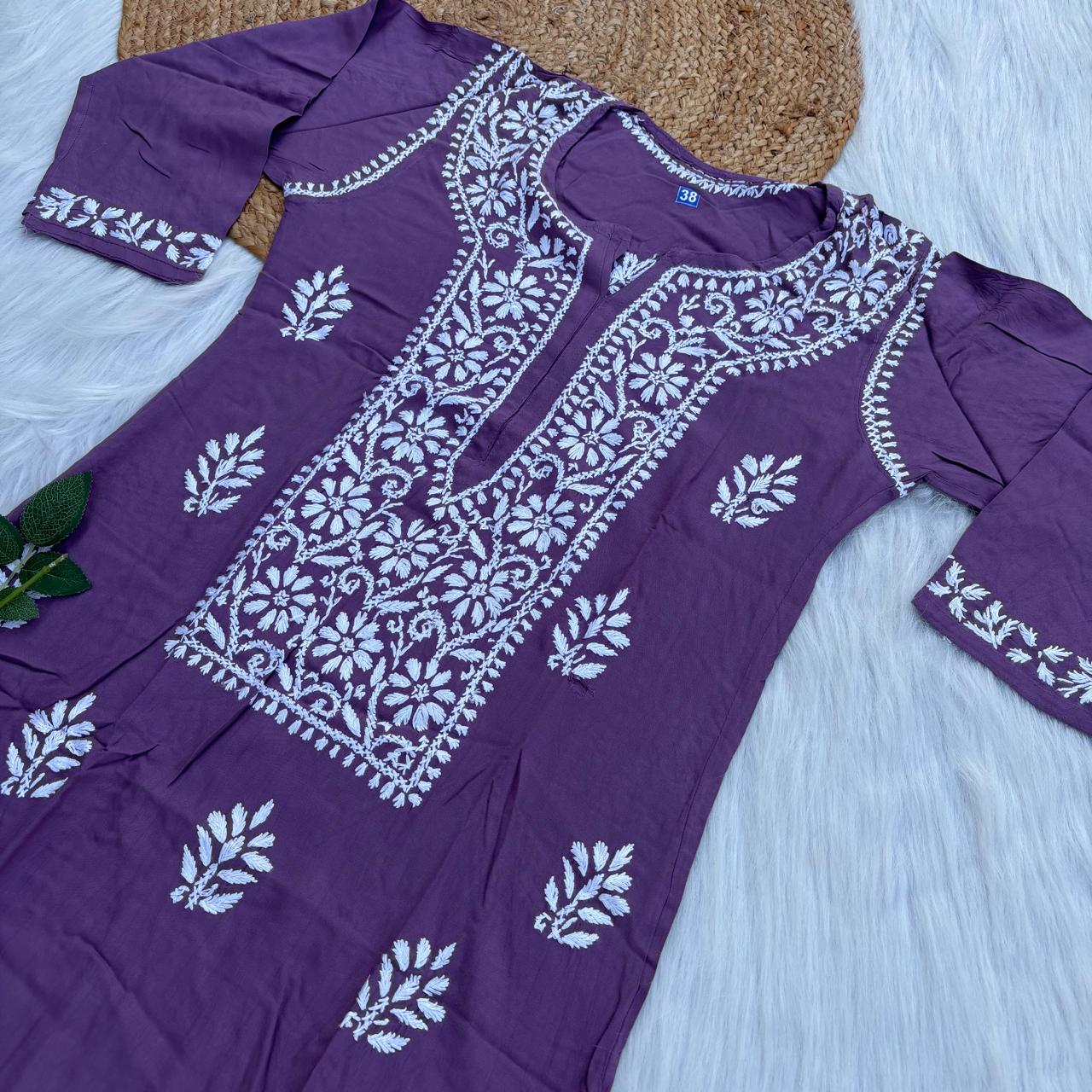 Soft Rayon Chikankari Kurti - Wine Colour