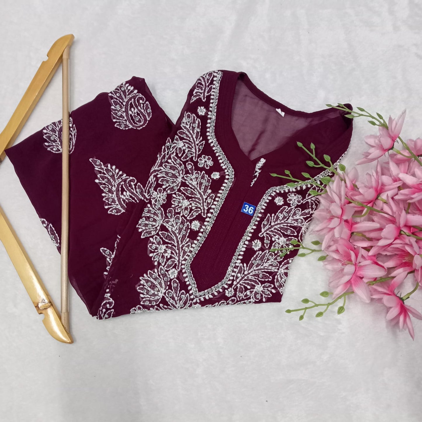 Stone Work Georgette Chikankari Kurti -Wine Colour - Chikankaar