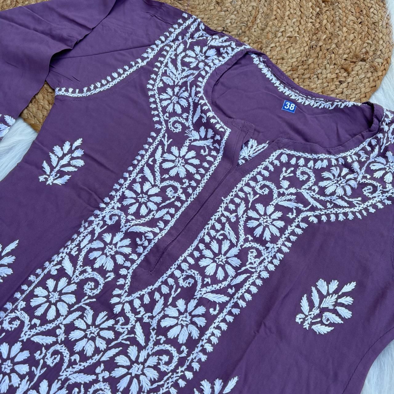 Soft Rayon Chikankari Kurti - Wine Colour