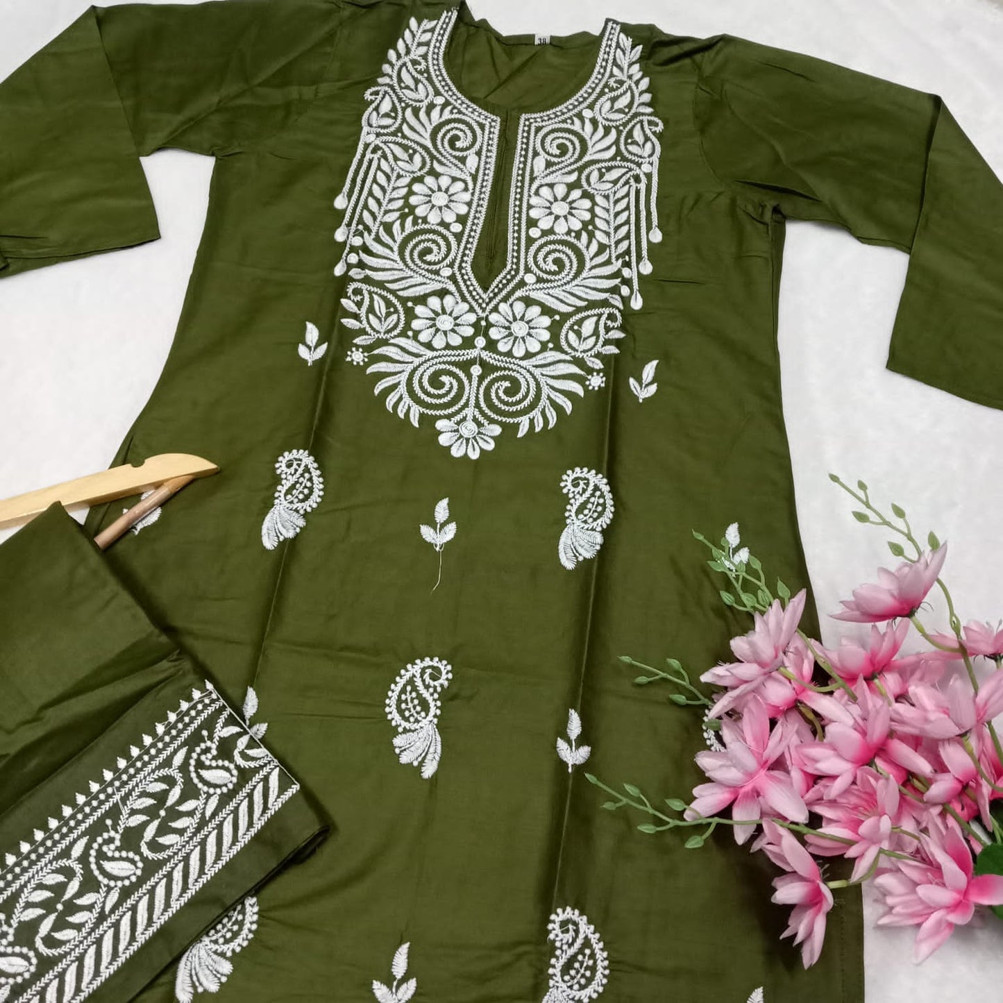 Rayon Chikankari Machine Work Kurti Plazo Set- Mehndi Colour - Chikankaar