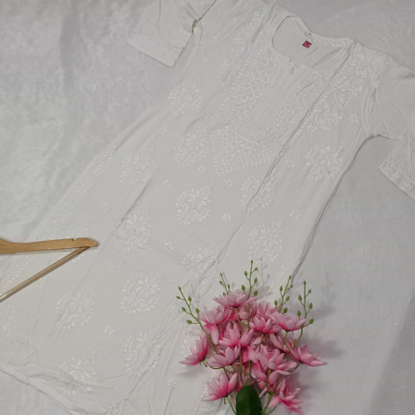 PURE RAYON CHIKANKARI KURTI - WHITE COLOR - Chikankaar