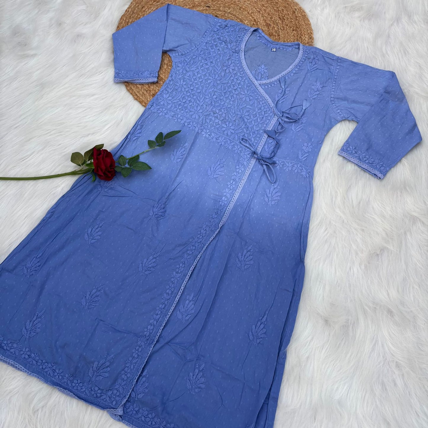 Shazia Ombre Shaded Dobby Cotton Chikankari Angarakha - Ocean Blue Colour