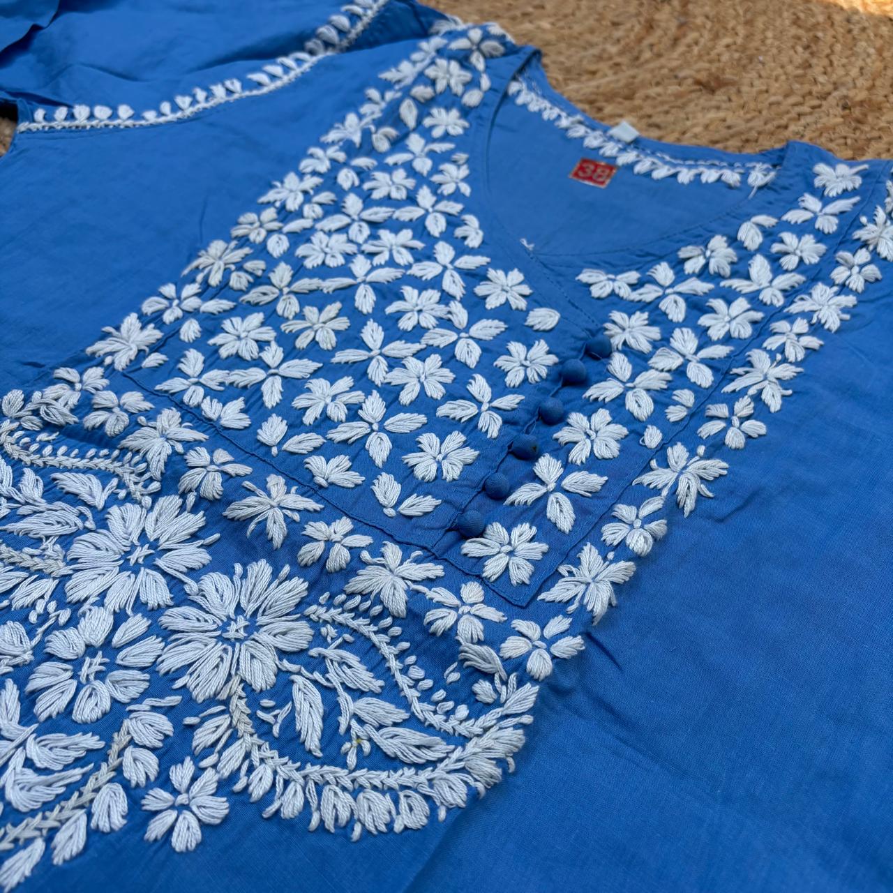 Sabeena Pure Cotton Chikankari Kurti Blue Colour