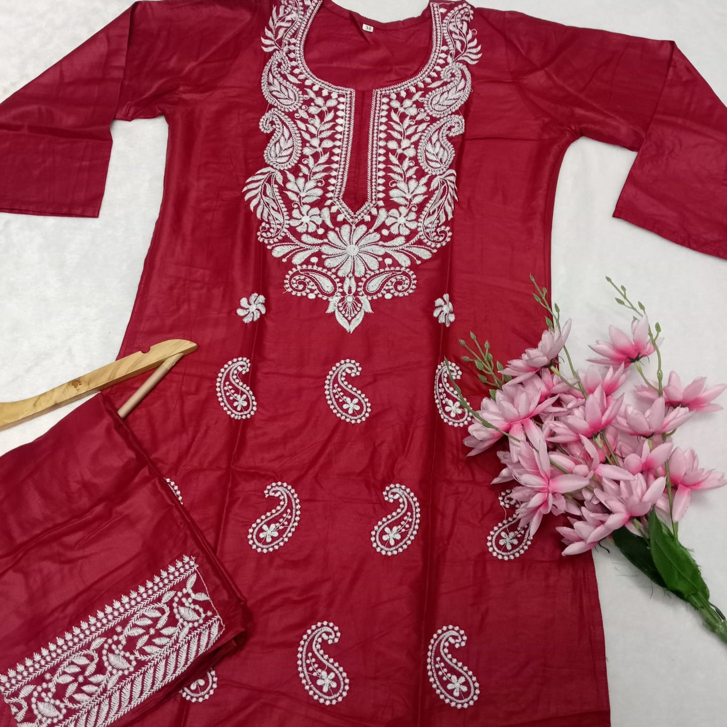 Rayon Chikankari Machine Work Kurti Plazo Set- Red Colour - Chikankaar