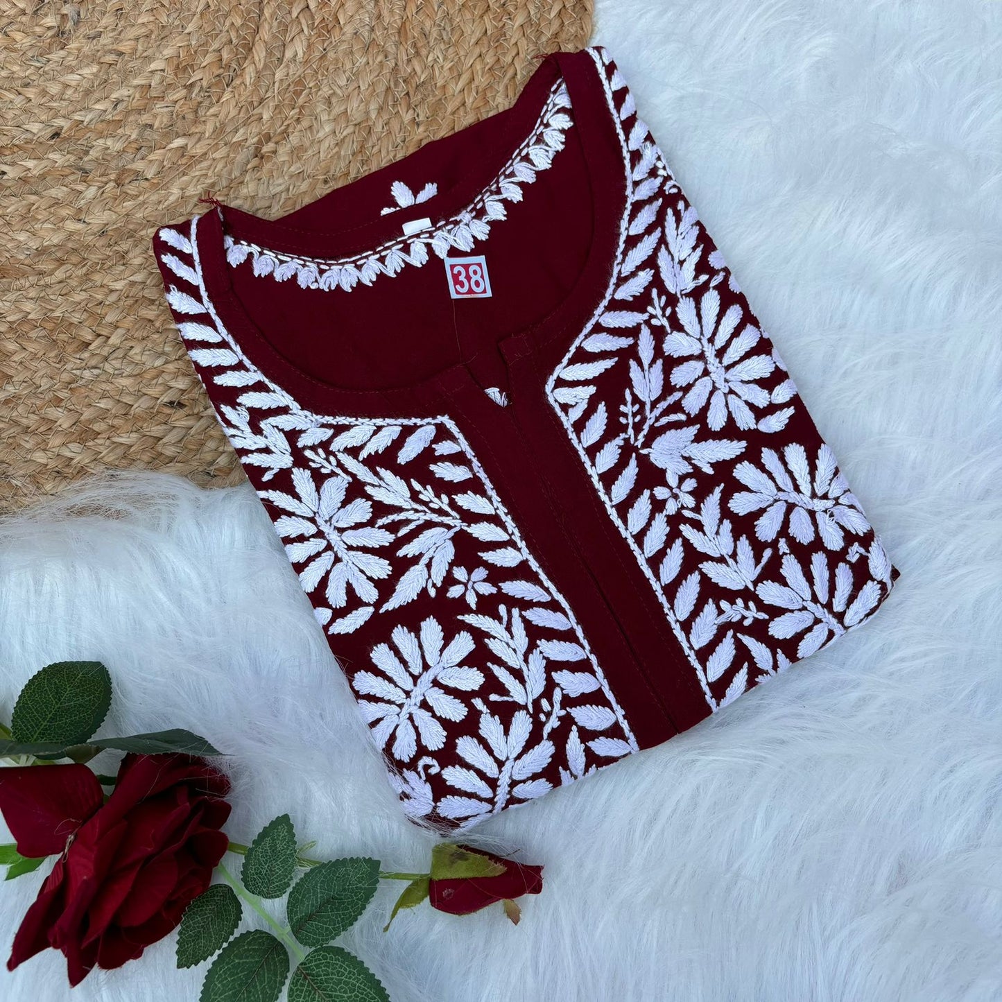 Hiba Soft Rayon Chikankari Kurti - Maroon Colour - Chikankaar