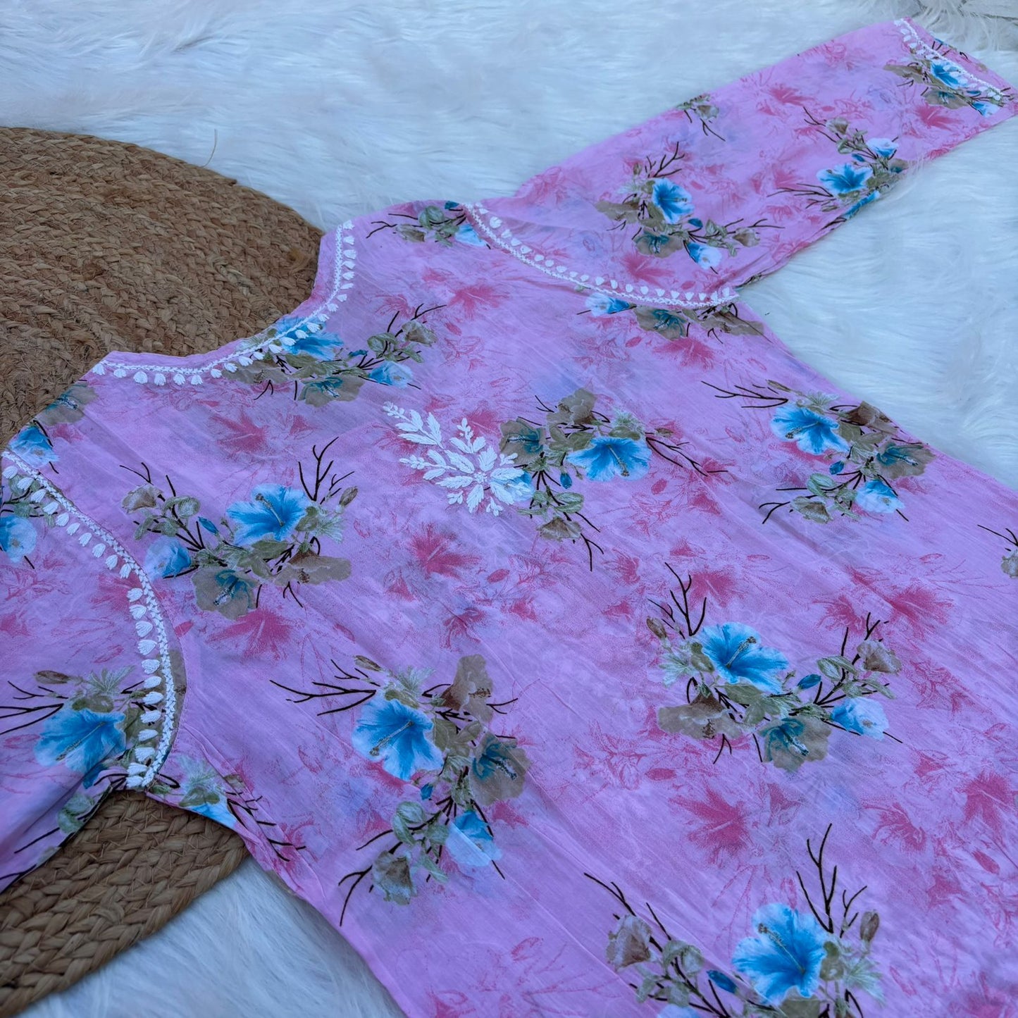 Rasha Pure Mulmul Chikankari Kurti - Pink Color