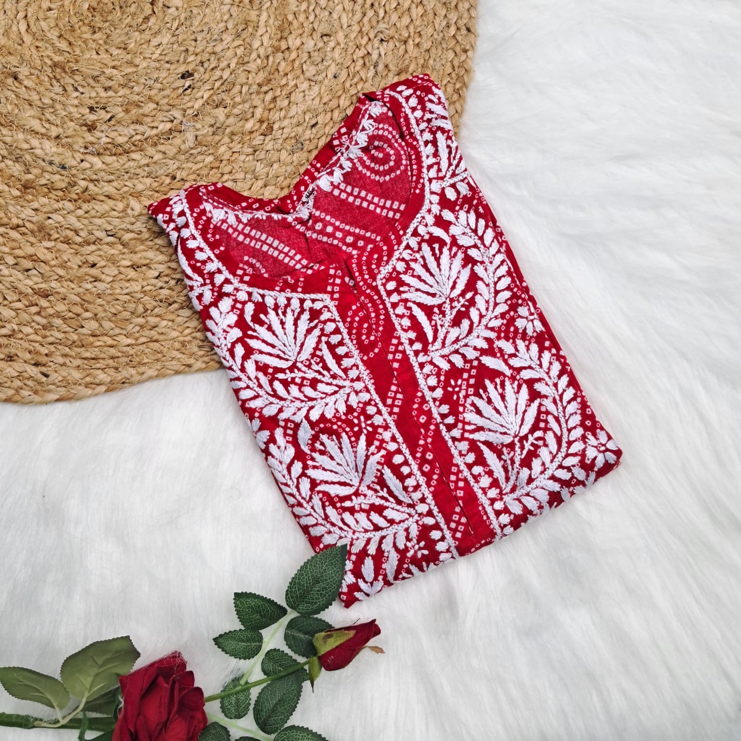 Falak Bandhani Print Rayon Chikankari Kurti -Red Colour - Chikankaar